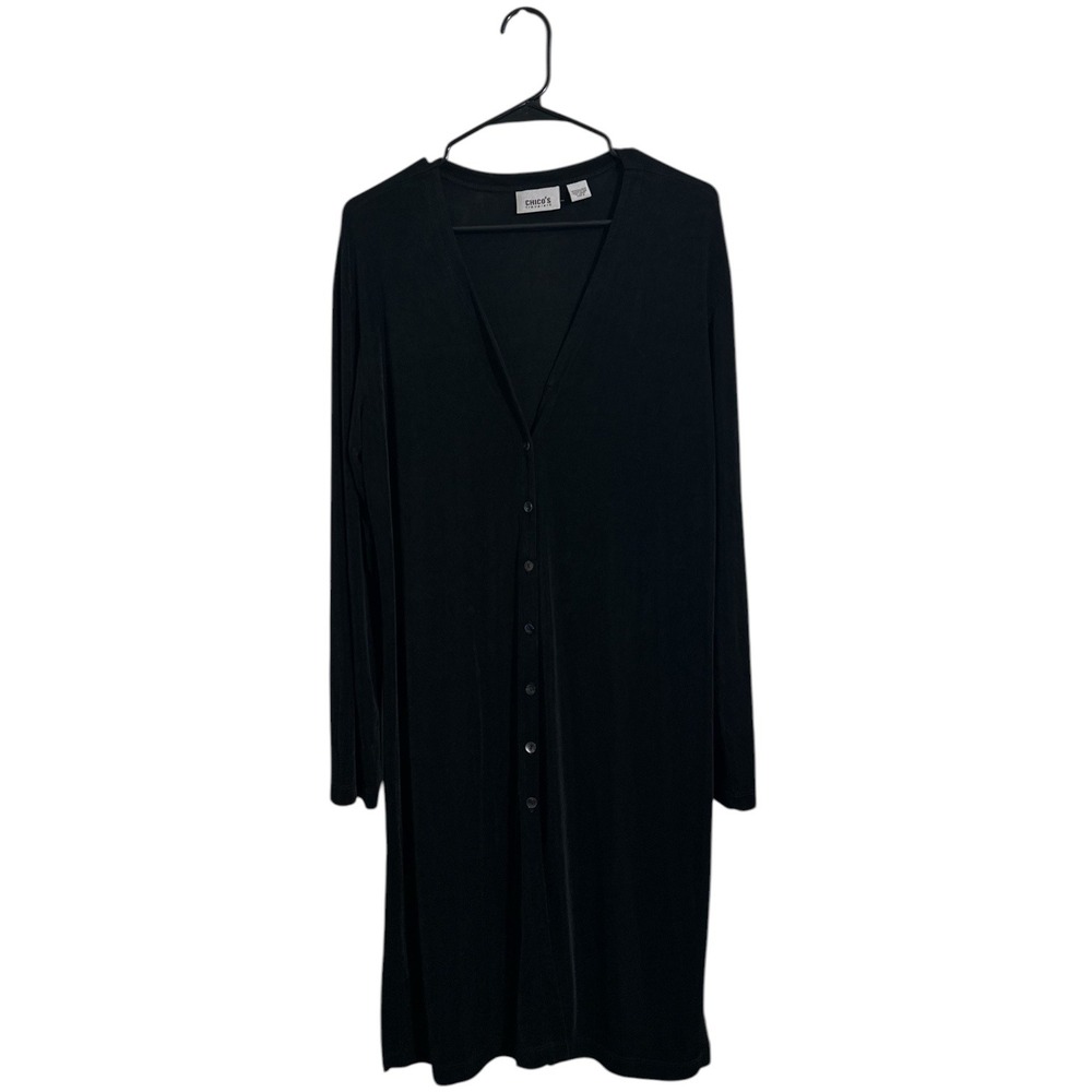 Chicos Travelers Black Longline Cardigan Dress V-Neck Button Front USA Made SZ 3